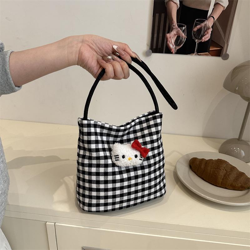 Plaid new cartoon cute shoulder bag female college students class shopping casual Hello Kitty versatile