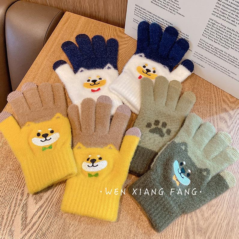 Winter Female Cute Cartoon Bear Plus Velvet and Thickening To Keep Warm While Riding Windproof and Cold Proof Five Fingered Korean Version for Men