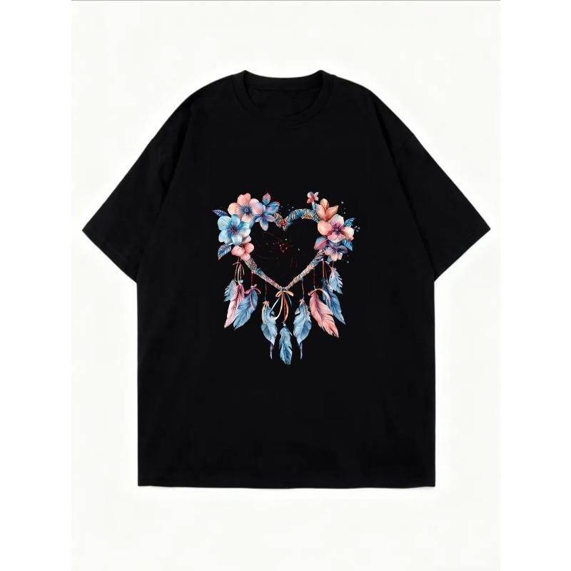White T-Shirt With Dreamcatcher Heart Floral Print For Casual Wear