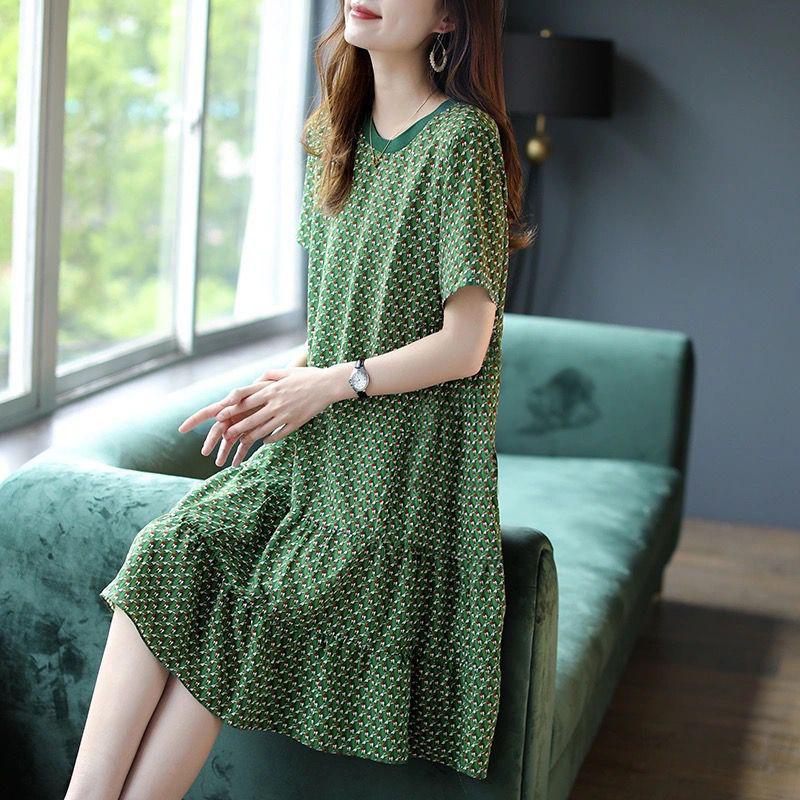 Casual Floral Printing Dresses Spring Summer Streetwear Short Sleeve Round Neck Loose Pullovers Midi Dress Women's