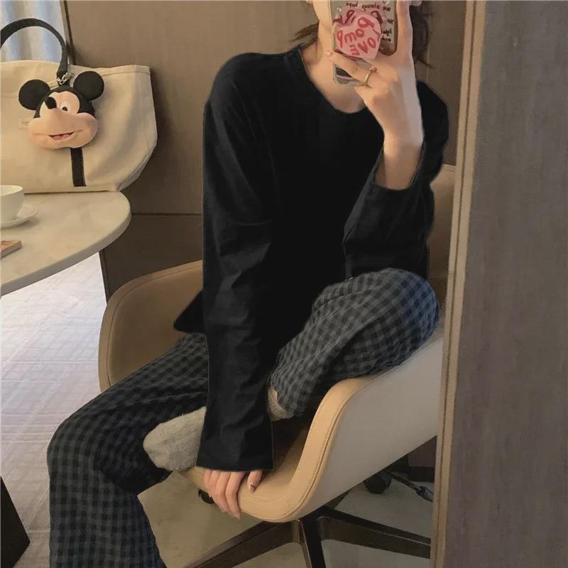 Korean Style Women's Imitation Cotton Pajama Set: Solid Color Long Sleeve Top & Plaid Trousers for Spring and Autumn