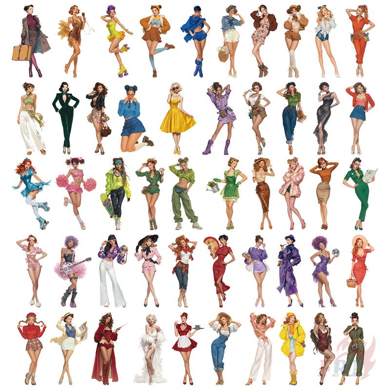 50Pcs/Set Retro Pop Girls PET Stickers Waterproof DIY Fashion Doodle Decals Stickers