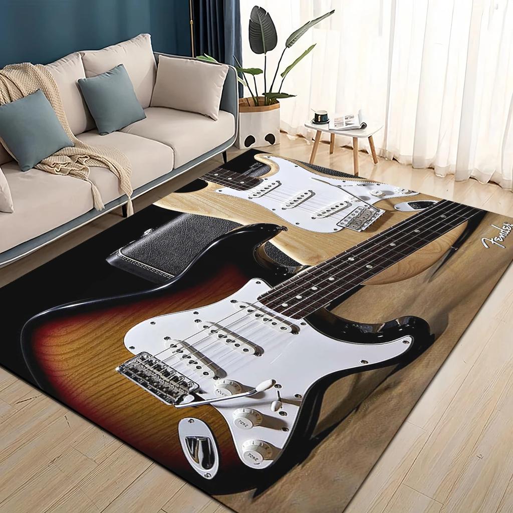 Alfombra 3D Retro con logo Fender para Instrumentos de Guitarra Música para Sala de Estar Dormitorio Hogar Decoración de Sofá, Alfombra de Piso Antideslizante para Niños