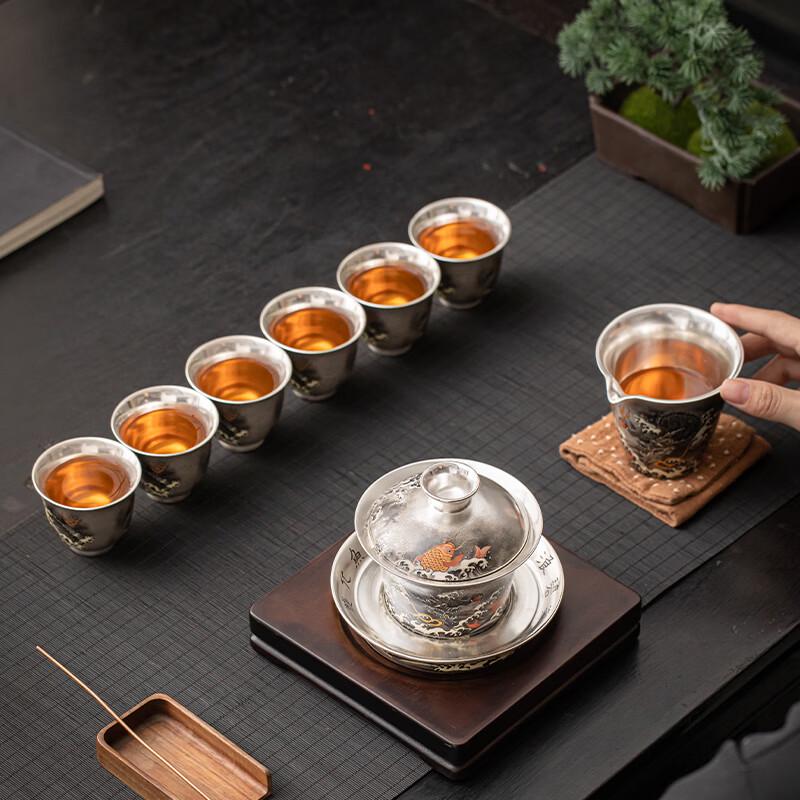 Su's Ceramic Gilded Silver Ink Dragon Gaiwan Tea Set