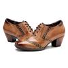 Johnature Echtes Leder Damen Pumps Handbemalt Vintage Karree Niete Schnürung Dicker Absatz High Heels Schuhe