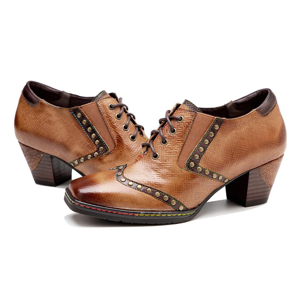 Johnature Echtes Leder Damen Pumps Handbemalt Vintage Karree Niete Schnürung Dicker Absatz High Heels Schuhe