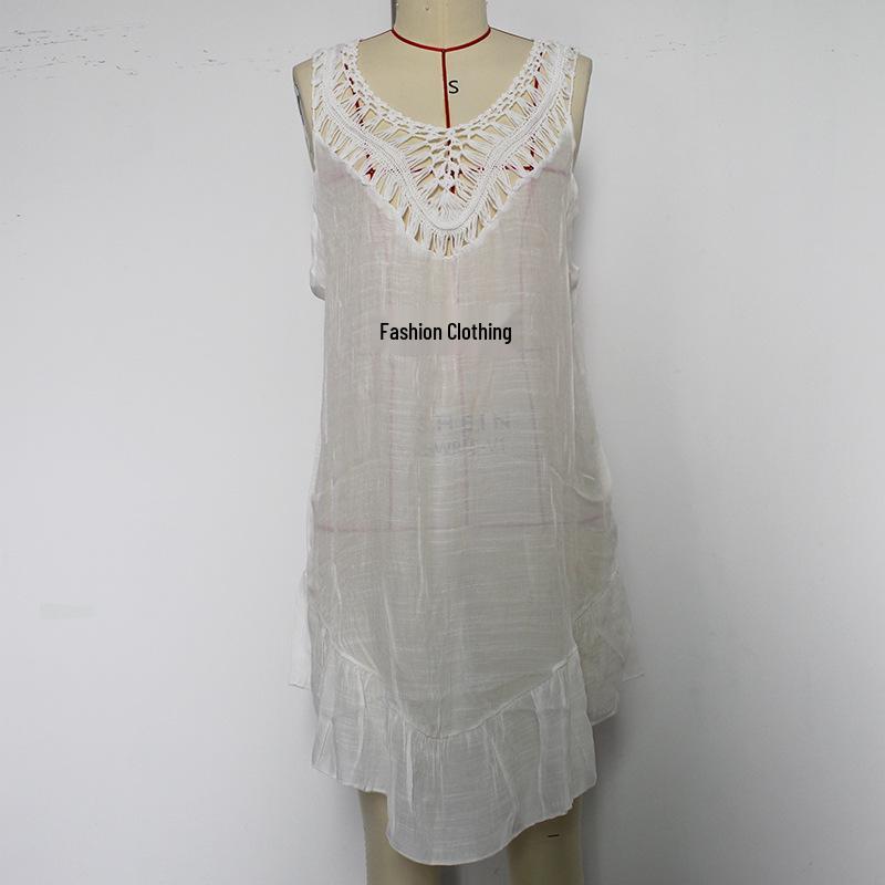 Colorful Ruffle V-Neck Crocheted Patchwork Bikini Cover-Up Skirt