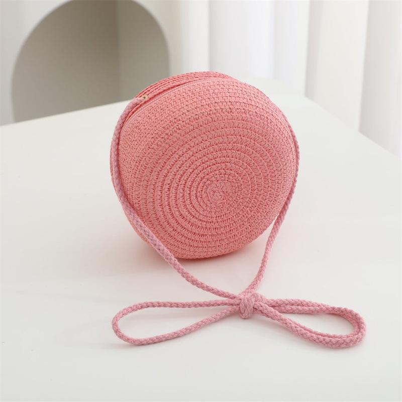 Summer Solid Color Straw Bag Shoulder Messenger Round Bag Children Versatile Outing Beach Bag Light Board DIY Round Weaving
