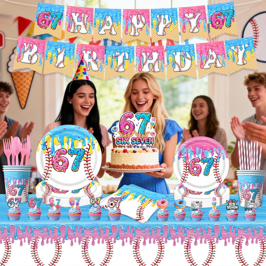 Baseball Theme Birthday Party Set: Ice Cream Donut Plates, Cups, Napkins, Tablecloth, and Cake Toppers.