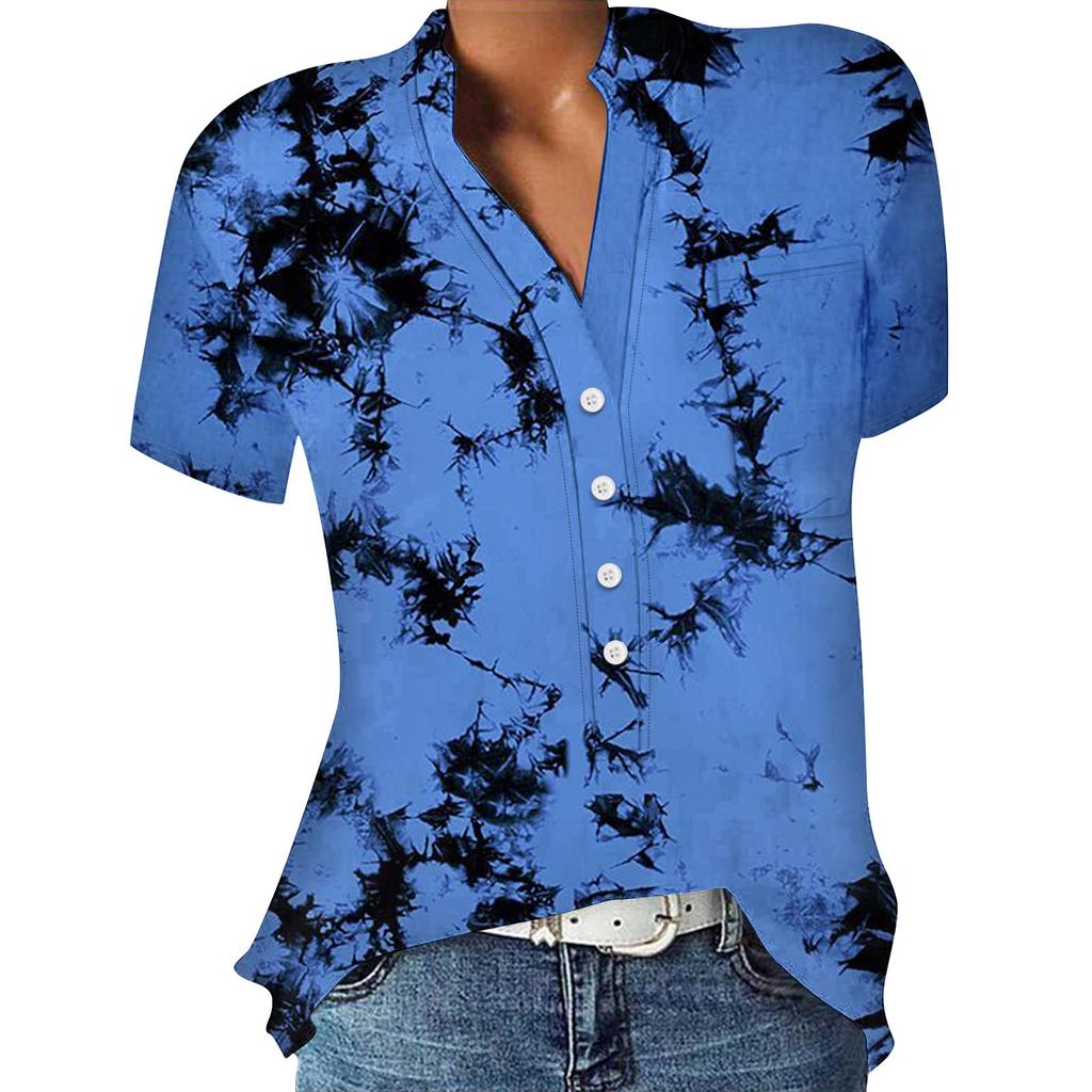 Women's Casual Printed V-neck Short-sleeved Shirt Pullover Loose Blouse Tops