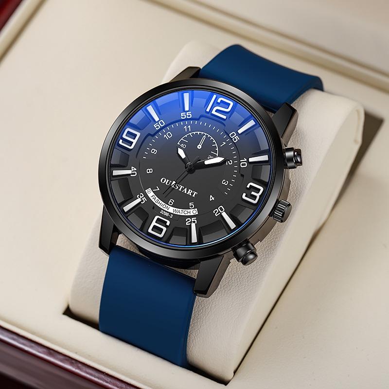 Gj083 Men's Casual Quartz Silicone Watch Decorative Blue Glass Stainless Steel Clasp Characters)