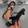Rhinestone High Heels New Square Toe Cutout Bow Outside Wear Elegant Temperament Open Toe Non-slip Cool Slippers