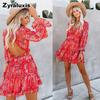 New Printed V-Neck Backless Long Sleeve Mesh Ruffles Sexy Chiffon Dress Beach Party Ruffles