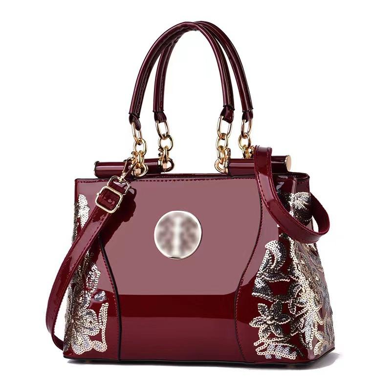 Helle Lackhandtasche Großvolumig Helles Leder Doppelseitige Stickerei Damentasche Einzelne Schulter Umhängetasche Brauttasche Mama-Tasche . black
