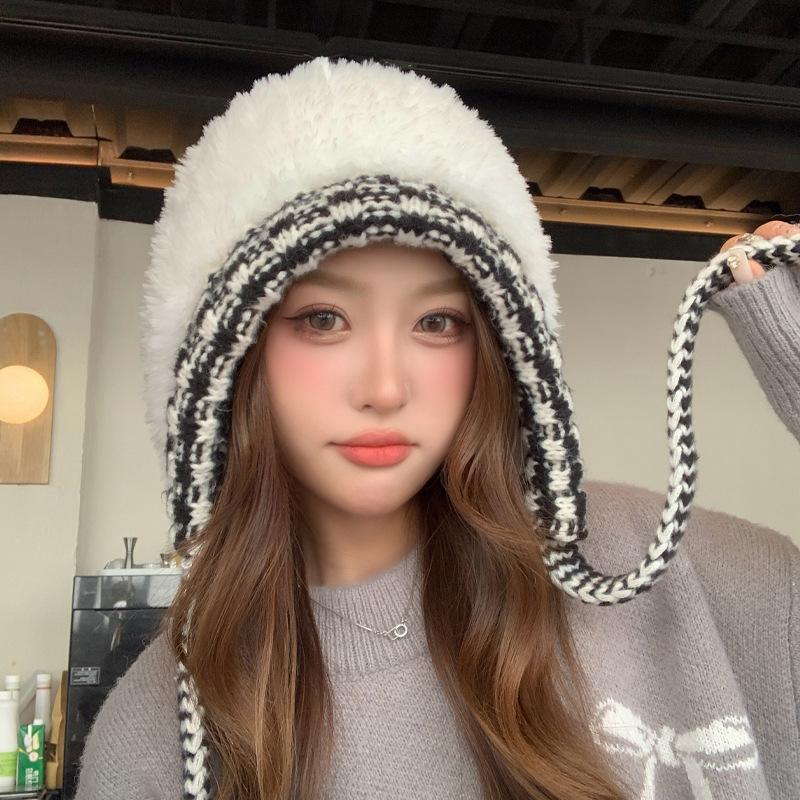 Autumn and winter hat female sweet cute girl plush knitted hat winter protection ear knitted wool hat