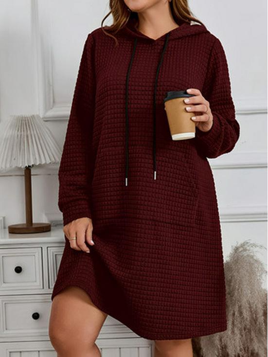 2025 Plus Size Women's Hooded Drawstring Dress - Solid Color, Long Sleeve, Autumn/Winter