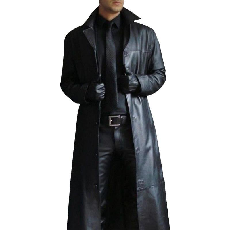 Mens Oversized Longline PU Leather Trench Coat Winter Casual Slim Fit Notched Collar Jacket