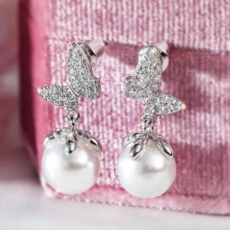 High-End And Fashionable Ocean Pearl Earrings, Set With Cubic Zirconia Women'S Luxurious Fashion Jewelry