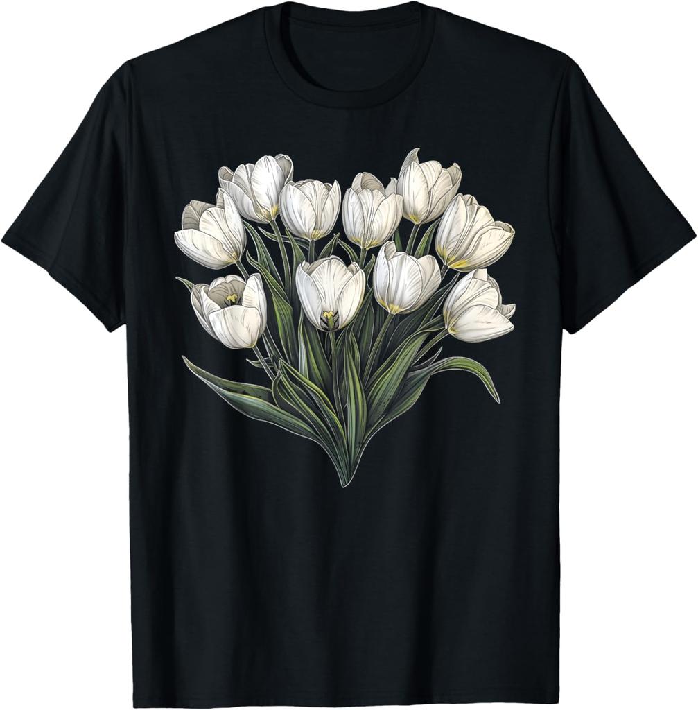 White Tulip Bouquet Floral Graphic Tee Men Casual Round Neck Short Sleeve T-Shirt Daily Wear