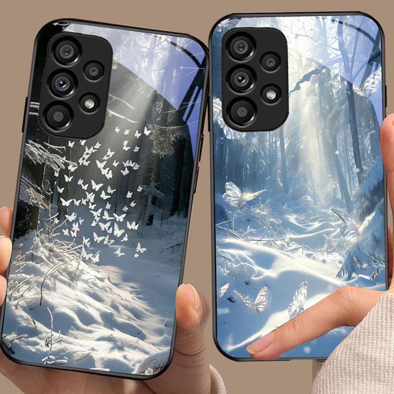 Borboleta Branca Para Samsung Galaxy S10 20 Plus 21 FE 22 23 24 FE 25 Ultra Capa de Celular de Vidro Temperado Preta Capa Dura