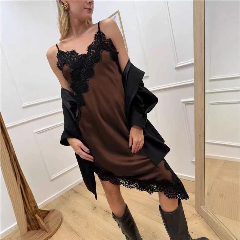 2025 Autumn Sexy Women's Mid-Length Satin Lace Camisole Dress with Irregular Slit, European & American Style