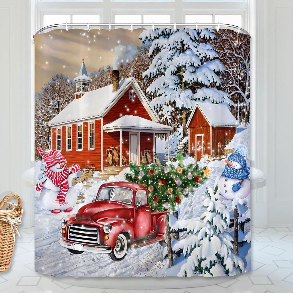 Christmas Shower Curtain Snowflake Bathroom Curtain, Merry Christmas Bathroom Decoration Blue Cartoon Snowman Bathroom Decor