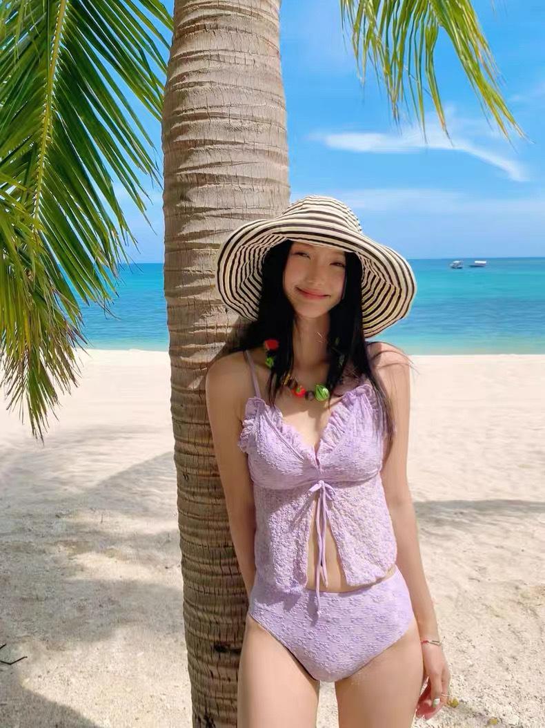Swimsuit female pure desire sexy babes split triangle bikini gathering chest slim resort wind hot spring beach swimsuit S фиолетовый