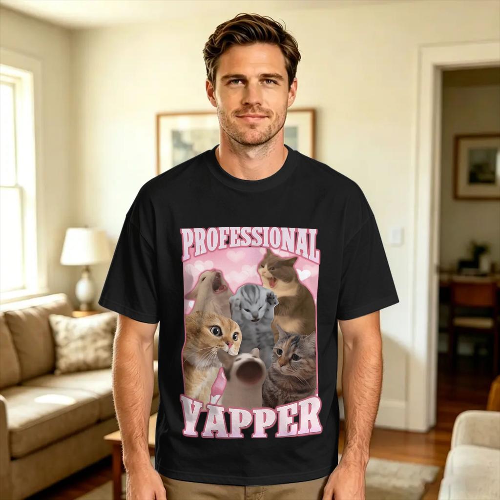Professional Yapper Funny Cat Meme Cotton Tshirt For Unisex Summer Vintage T Shirts Leisure Tees Plus Size Print Clothing
