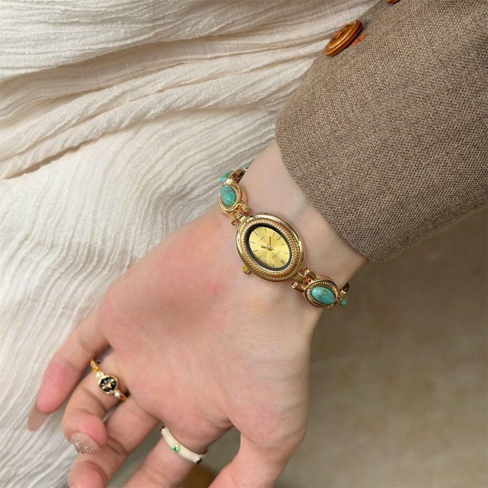 Oval Wristwatch Colored Gemstones Quartz Watch Vintage Ladies Watch