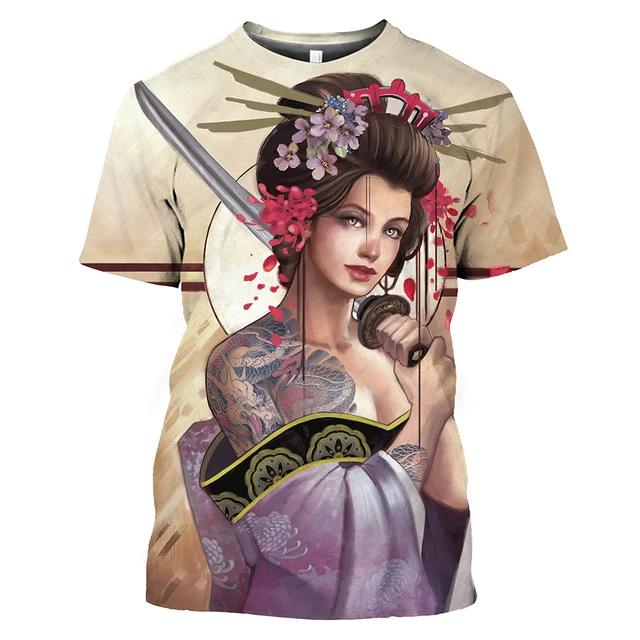 Summer Fashion Japanese Geisha Cool T Shirt Men Casual Fun Personality Harajuku Printed Round Neck Short Sleeve Streetwear Top