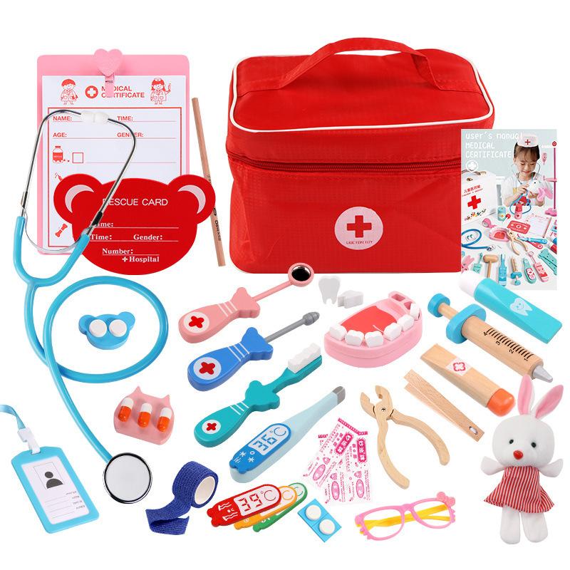Wooden Children's Cloth Bag Nurse Medicine Box Doctor Injections Boys and Girls Birthday Gifts Simulation Play House Toys