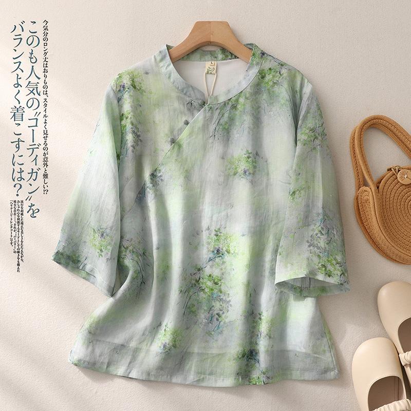 1116 new top Chinese style stand-up collar printed pullover retro Chinese zen cotton and linen shirt