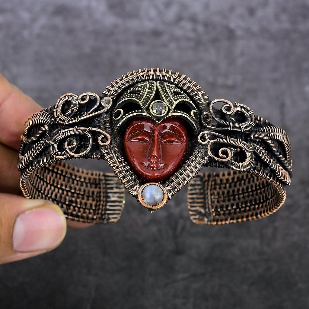 Kamee, Mondstein Handgefertigter Kupferdraht Wickel Armreif Verstellbar r7R28