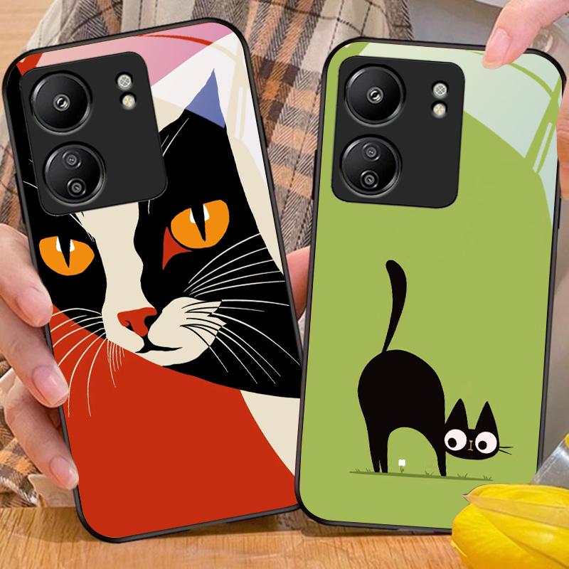 Kočky pijící kávu pro Xiaomi Redmi 13C Note13 12 Pro Plus 5G Note 9 13T Pro POCO X6 F5 F6 Černý kryt na telefon z tvrzeného skla