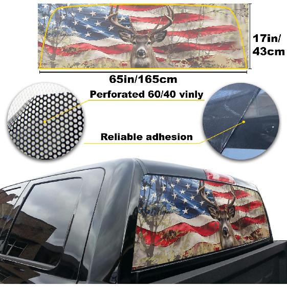 American Flag Truck Rear Window Decals - Deer Perforated Vinyl See-Through Stickers, Gifts For Men, Dad, Boyfriend, Truck Owners, Easy To Tall, UV