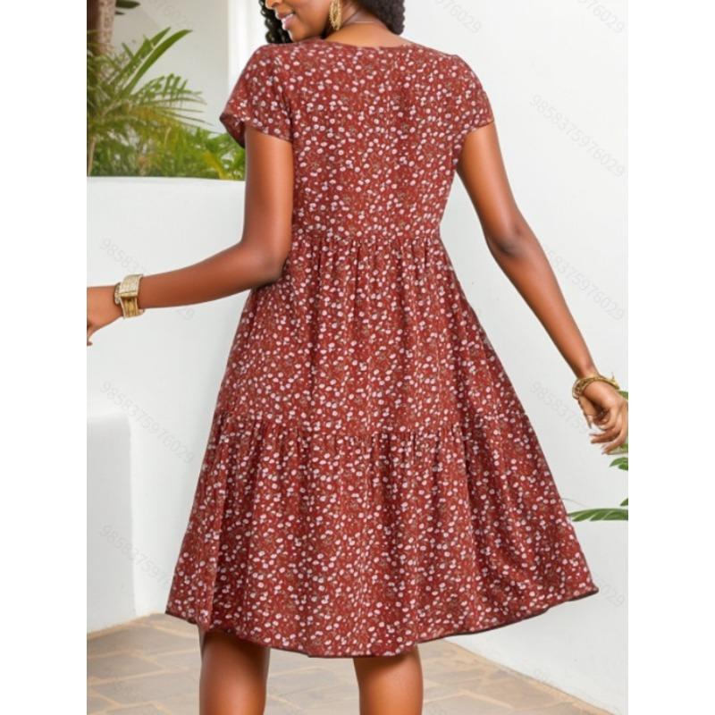 Women's Fashion Summer Spring Flower Pattern Print Short Sleeve O-Neck High Waist Casual Dresses
