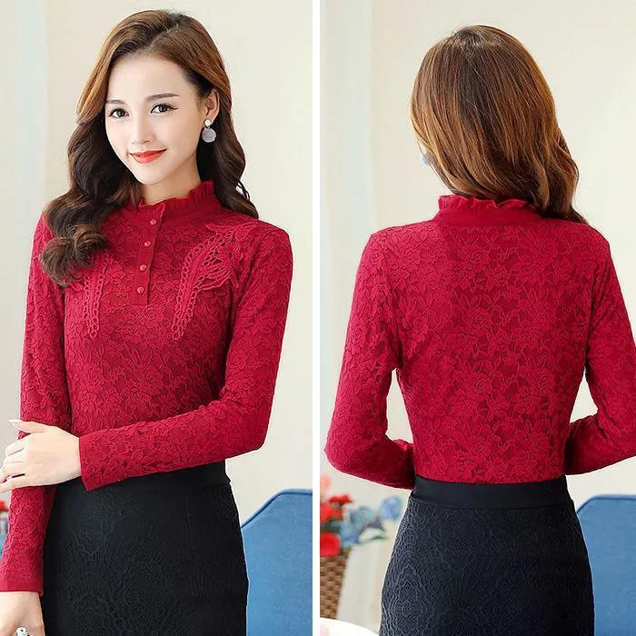 Camicia da Donna a Maniche Lunghe in Pizzo - Stile Coreano 2021, Taglie Forti, Moda Autunno/Inverno.