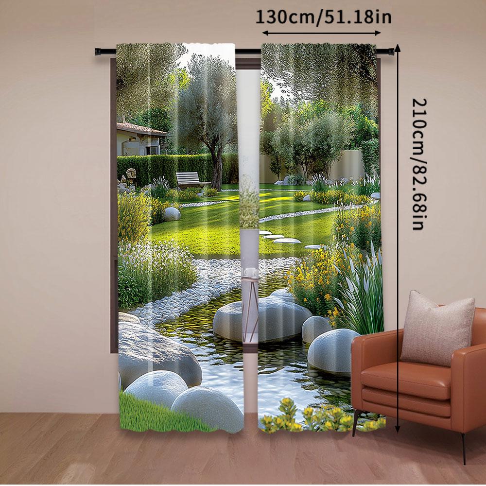2 Stück Gartenvorhänge Japanischer Parkstil Erholungsblick mit Teich Gras Steinen und Bäumen Landschaft für Schlafzimmer Badezimmer