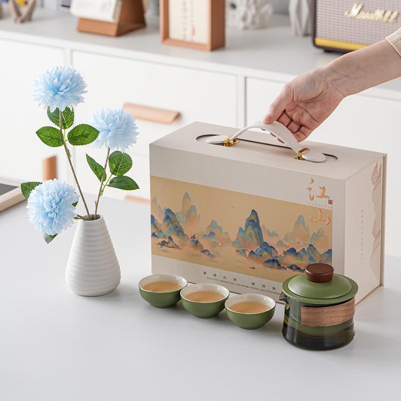 Light luxury splendid mountains and rivers, a pot of three cups in a gift box, the Forbidden City, and the national tide to send holiday