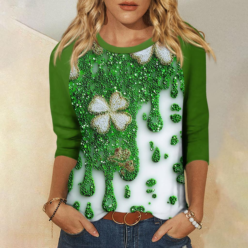 Women's St. Patrick's Day Print Round Neck Three-Quarter Sleeve Top