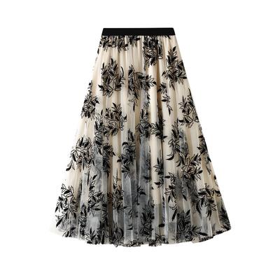 Z Flocking Printed Gauze Skirt Women's Skirt Autumn and Winter Medium Length A-shaped Pendulum Floral Mesh White Skirt Long Skirt 1819