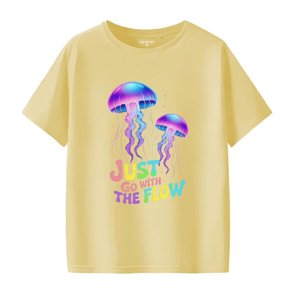 Fashionable and beautiful jellyfish print Womens short sleeved Tshirt summer round neck versatile for daily use