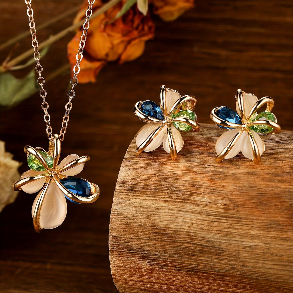 Irregular five-petal flower design earring, pendant, and necklace jewelry set Birthday and holiday party gift accessories