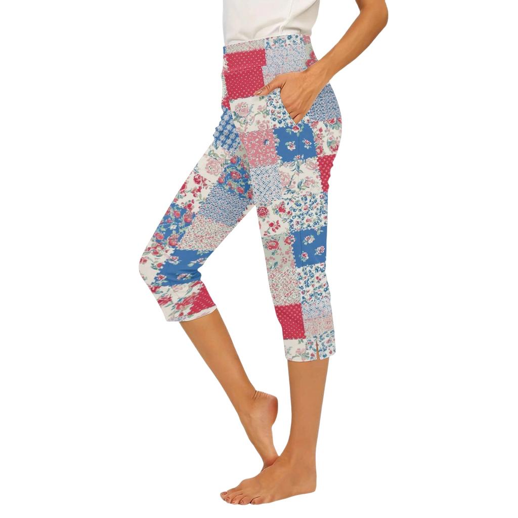 Women's Casual Elastic Waist Capri Pants with Pockets Split Hem Slim Fit Lightweight Comfortable Stretchy Material