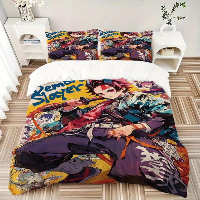 3pcs Demon Slayer Quilt Cover Set (1 Quilt Cover + 2 Pillowcases Without Pillow Core), High-Definition Printing for Home and Dormitory.C031