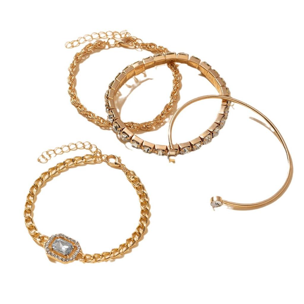 4 Stück/Set Strass-Dekor Gedrehter Armreif Mode Hohlkette Mehrlagig Hand Geometrie Einfacher Offener Armreif Für Frauen Geburtstagsgeschenk