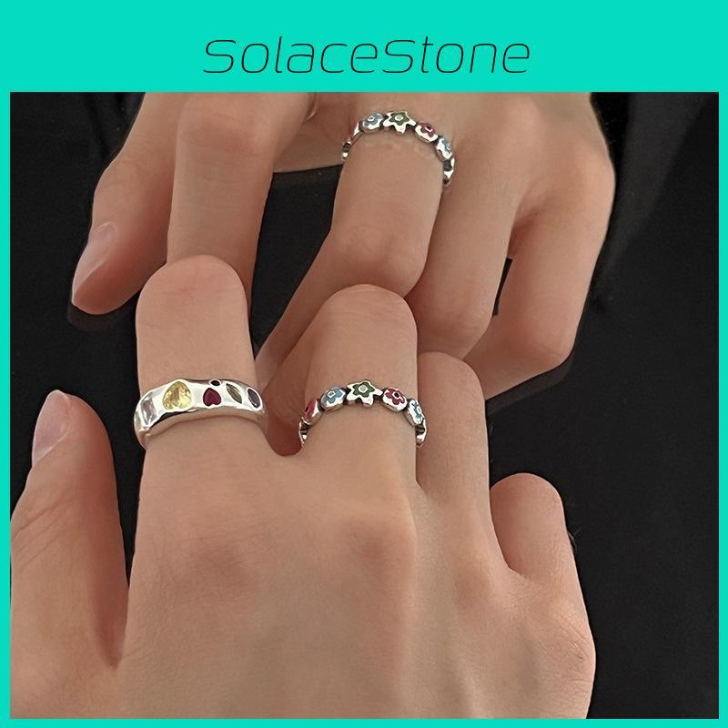 Trendy Enamel Flower Adjustable Ring For Women With Dazzling Multi-colored Zirconia