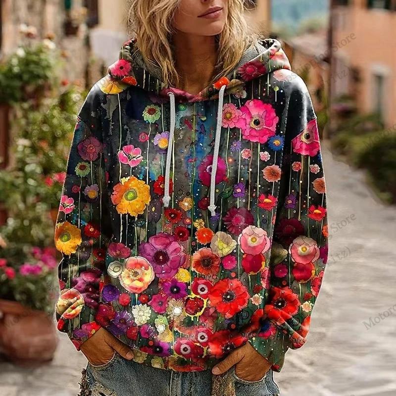 Vintage Floral Patchwork 3d Print Hoodie Women Fashion Casual European American Style Hoodie Sweatshirt Women Clothes Top