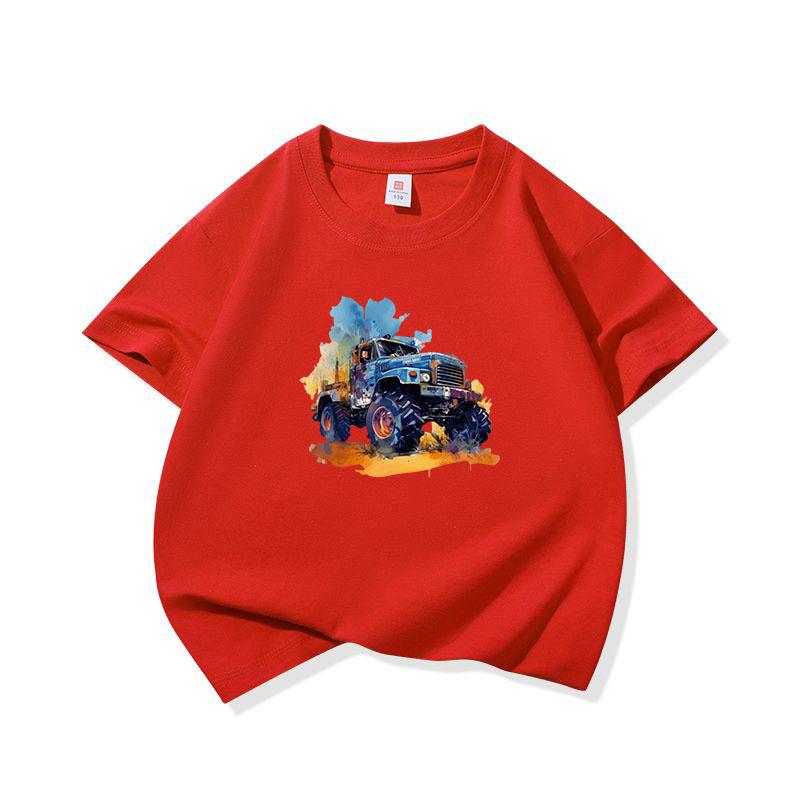 Kids Cotton T Shirt Cool Watercolor Offroad Car Print Crew Neck Short Sleeve Tee Casual Breathable Boys Girls Summer Tops