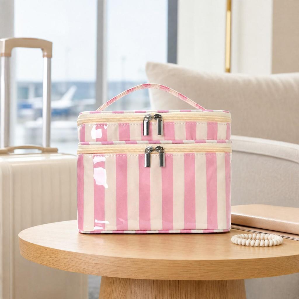 TwoTier Cosmetic Organizer Portable Zippered Toiletry Bag with Handle Compact Structured Makeup